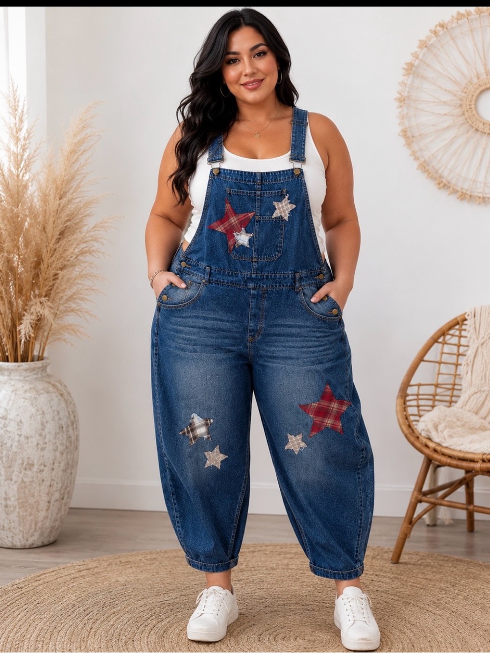 Plus Size Dark Blue Denim Star Appliqué Barrel Overalls